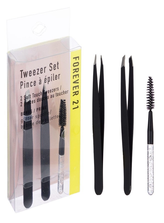 فور ايفر 21 مجموعة ملاقط سوداء من 3 قطع مع فرشاة لامعة - ملاقط لإزالة الشعر، مجموعة ملاقط بزاوية ومدببة، ملاقط دقيقة ومجموعة فرشاة للرموش - Image 1